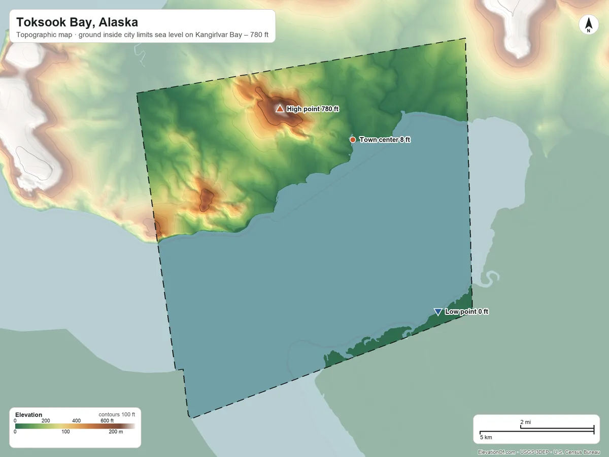 Topographic elevation map of Toksook Bay, Alaska, shaded from sea level level on Kangirlvar Bay to 780 ft on Nealruk Mountain