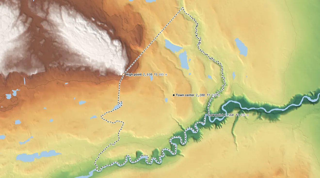 Topographic elevation map of Tolsona, Alaska, shaded from 1,560 ft on the southeast side to 2,930 ft on the northwest side