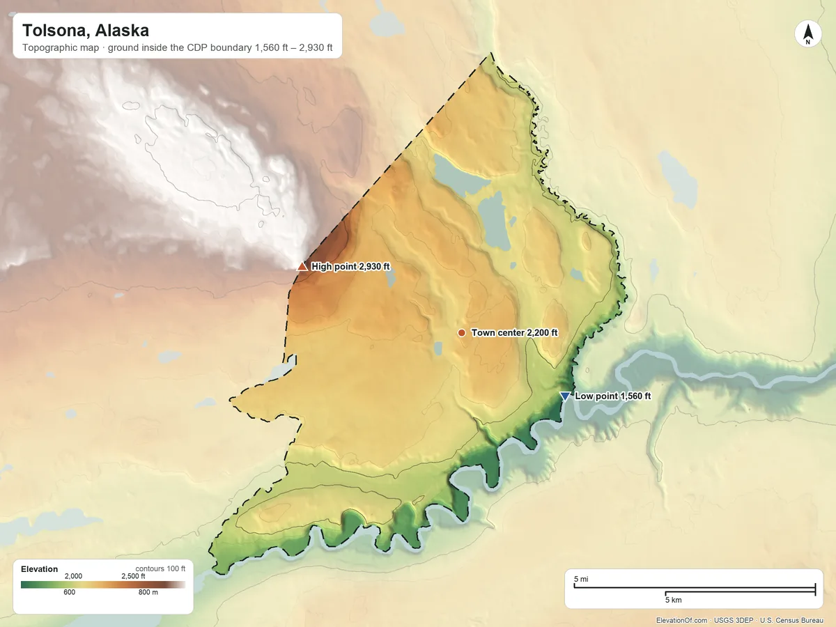 Topographic elevation map of Tolsona, Alaska, shaded from 1,560 ft on the southeast side to 2,930 ft on the northwest side