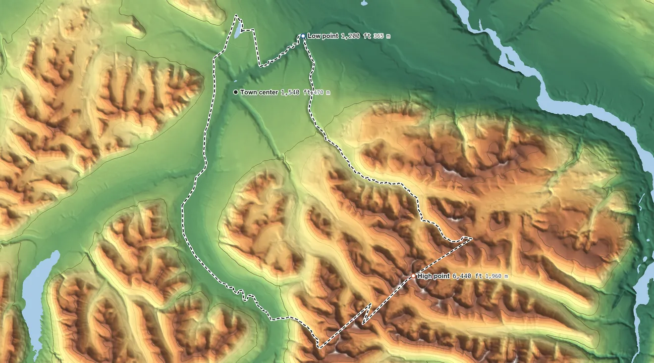 Topographic elevation map of Tonsina, Alaska, shaded from 1,200 ft on the northeast side to 6,440 ft on the southeast side