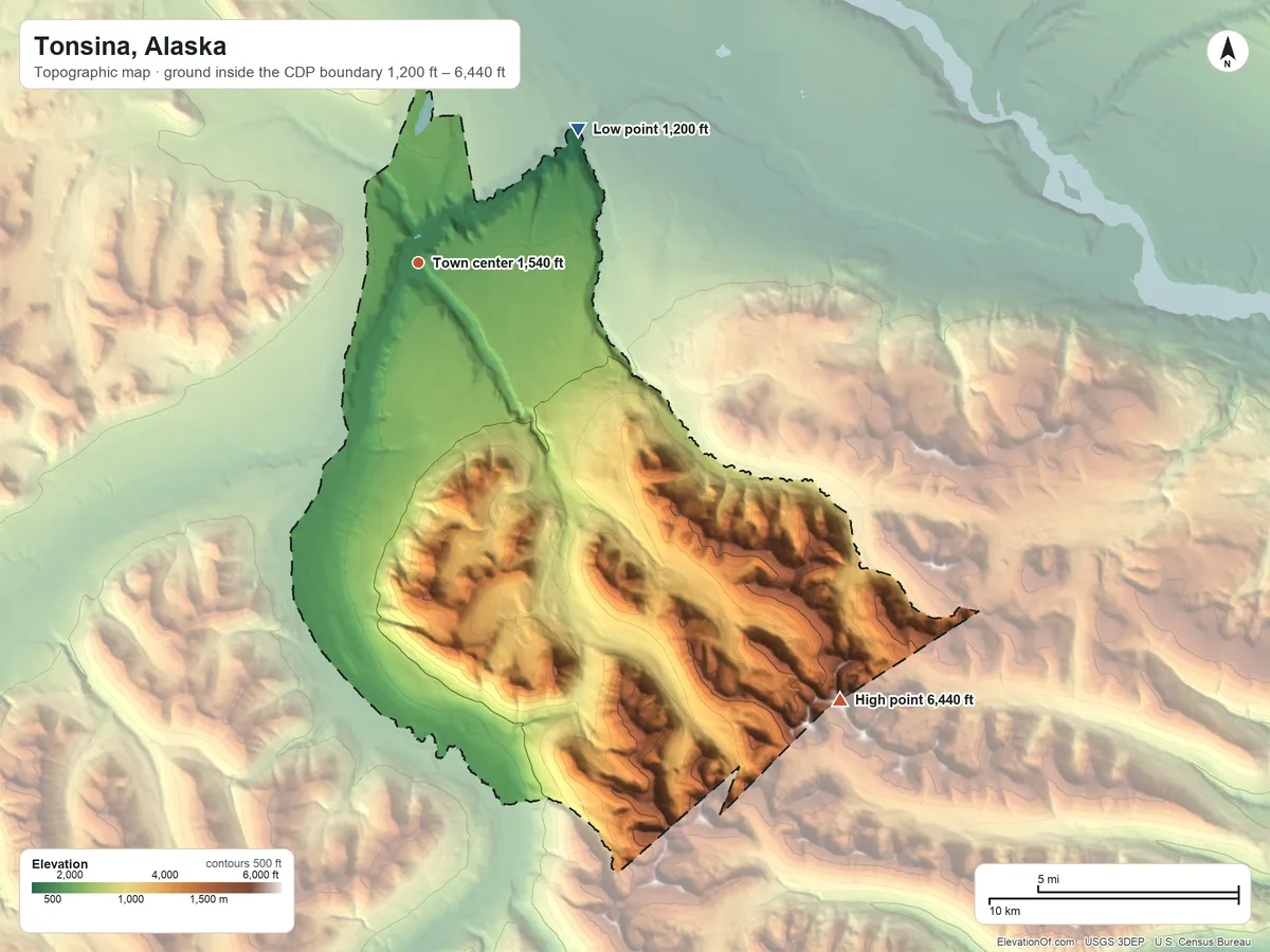 Topographic elevation map of Tonsina, Alaska, shaded from 1,200 ft on the northeast side to 6,440 ft on the southeast side