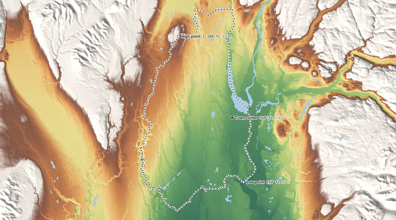Topographic elevation map of Trapper Creek, Alaska, shaded from 260 ft on the south side to 1,380 ft on the northwest side