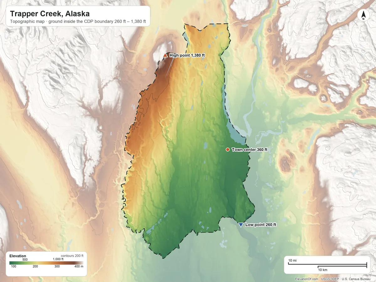 Topographic elevation map of Trapper Creek, Alaska, shaded from 260 ft on the south side to 1,380 ft on the northwest side