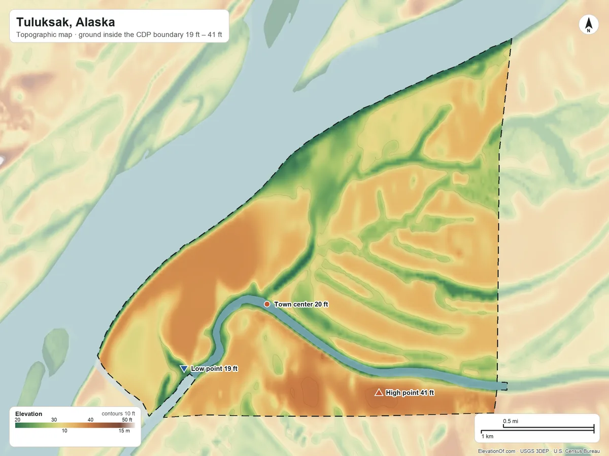 Topographic elevation map of Tuluksak, Alaska, shaded from 19 ft on the southwest side to 41 ft on the southeast side