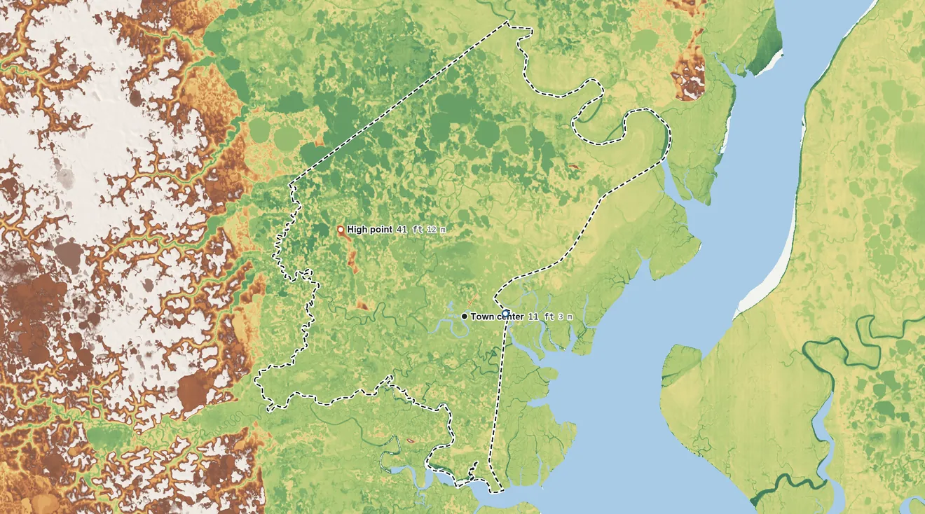 Topographic elevation map of Tuntutuliak, Alaska, shaded from 0 ft near the middle to 41 ft on the northwest side