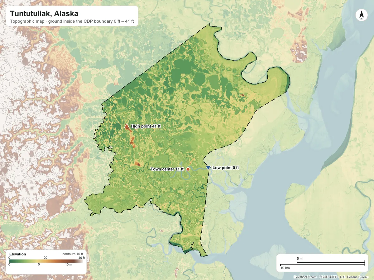 Topographic elevation map of Tuntutuliak, Alaska, shaded from 0 ft near the middle to 41 ft on the northwest side