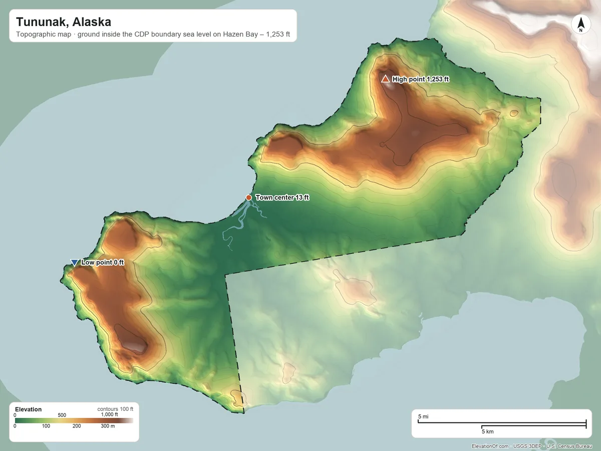 Topographic elevation map of Tununak, Alaska, shaded from sea level level on Hazen Bay to 1,253 ft on Killinupak Mountain