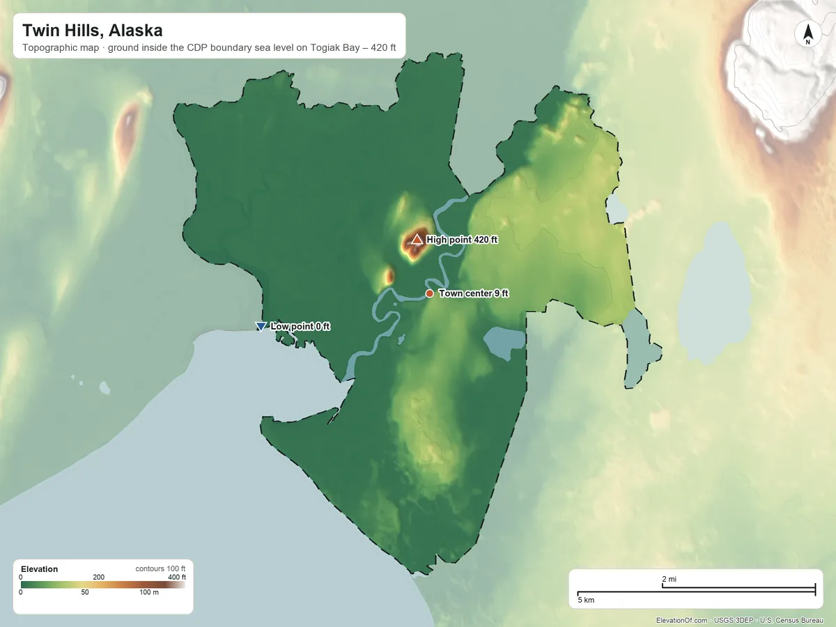 Topographic elevation map of Twin Hills, Alaska, shaded from sea level level on Togiak Bay to 420 ft near the middle
