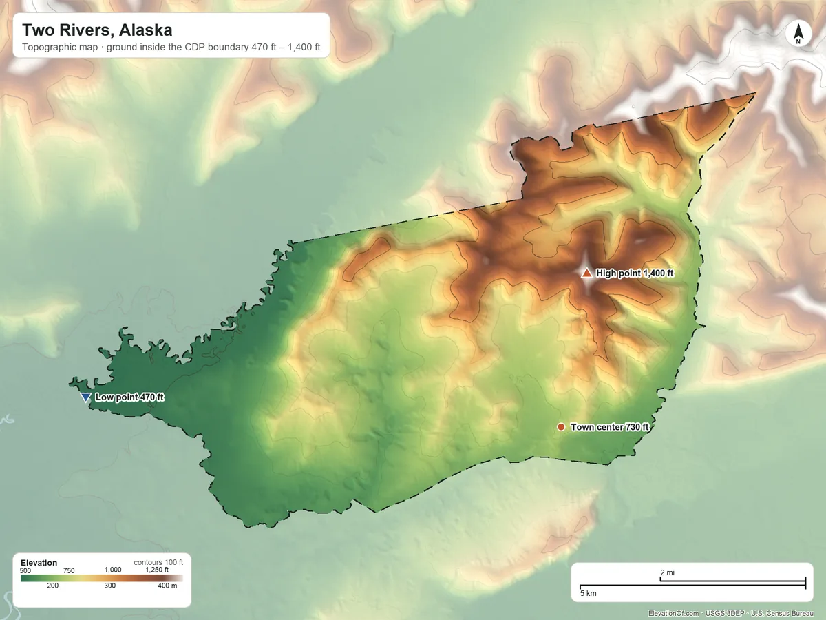 Topographic elevation map of Two Rivers, Alaska, shaded from 470 ft on the west side to 1,400 ft on the north side