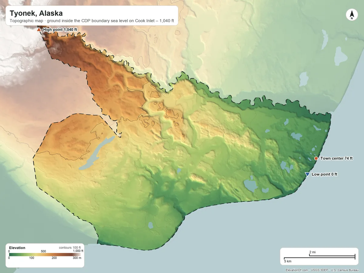 Topographic elevation map of Tyonek, Alaska, shaded from sea level level on Cook Inlet to 1,040 ft on the northwest side