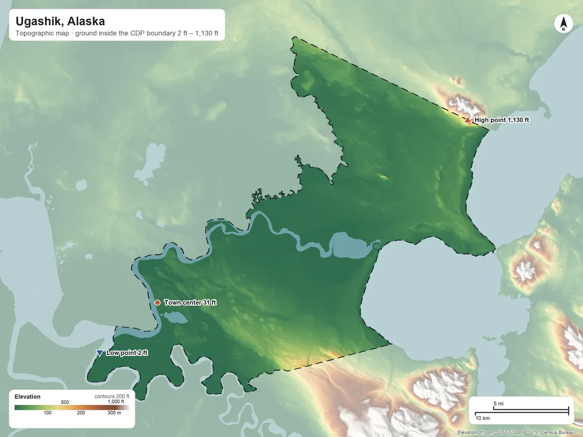 Topographic elevation map of Ugashik, Alaska, shaded from 2 ft on the southwest side to 1,130 ft on the northeast edge, below higher ground just outside