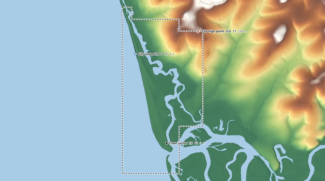 Topographic elevation map of Unalakleet, Alaska, shaded from 0 ft on the north side to 460 ft on the north side