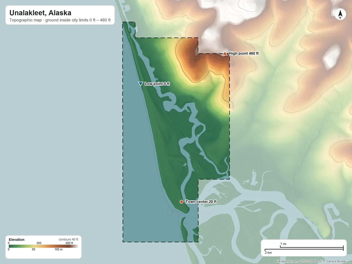 Topographic elevation map of Unalakleet, Alaska, shaded from 0 ft on the north side to 460 ft on the north side
