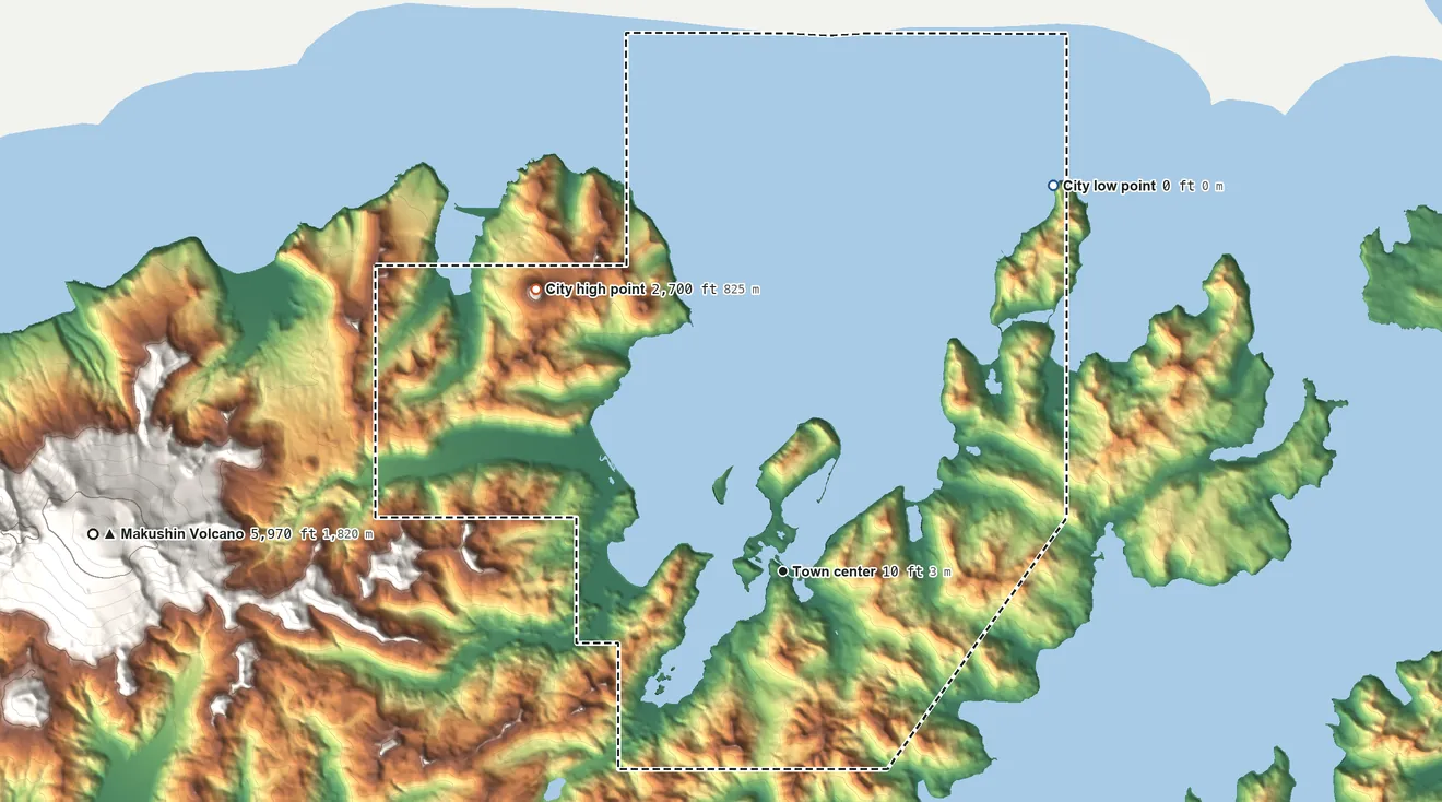 Topographic elevation map of Unalaska, Alaska, shaded from sea level level on Unalaska Bay to 2,700 ft on Table Top Mountain