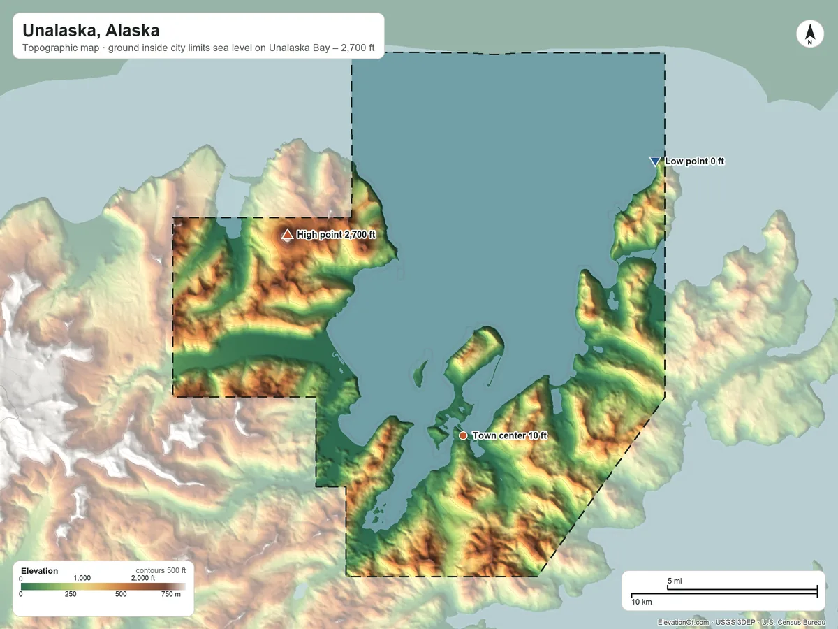 Topographic elevation map of Unalaska, Alaska, shaded from sea level level on Unalaska Bay to 2,700 ft on Table Top Mountain