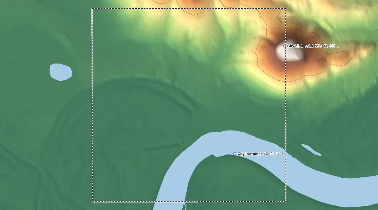 Topographic elevation map of Upper Kalskag, Alaska, shaded from 40 ft on the southeast side to 990 ft on the east side