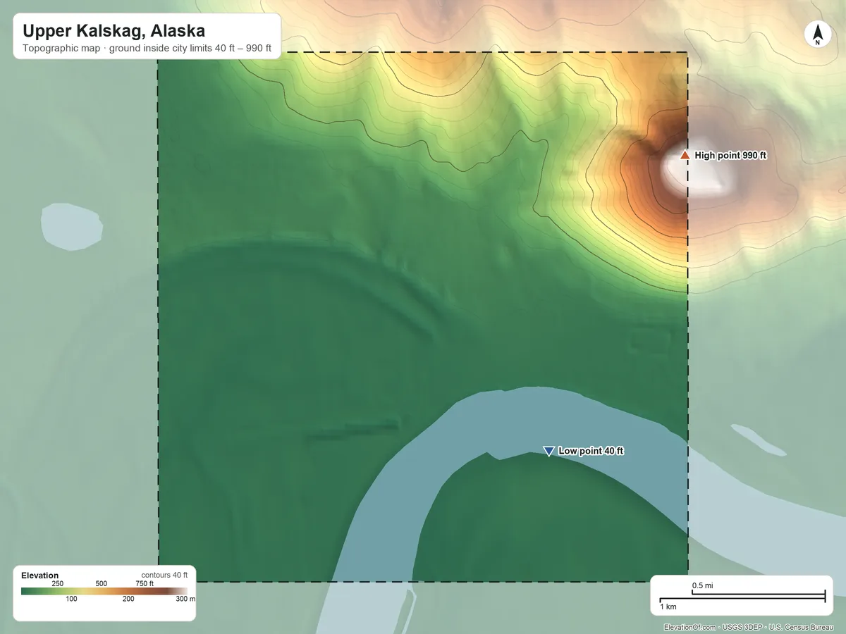 Topographic elevation map of Upper Kalskag, Alaska, shaded from 40 ft on the southeast side to 990 ft on the east side