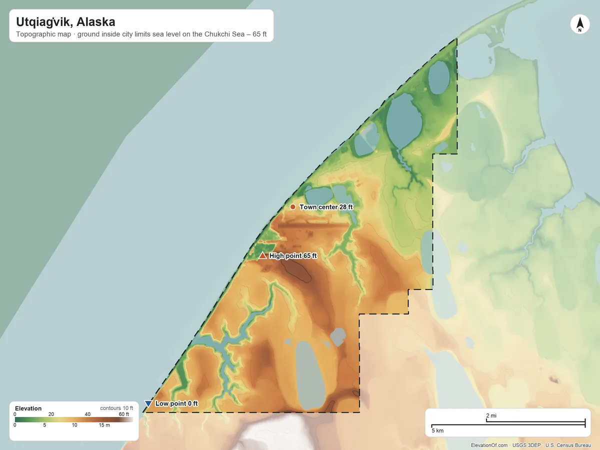 Topographic elevation map of Utqiaġvik, Alaska, shaded from sea level level on the Chukchi Sea to 65 ft on the southwest side
