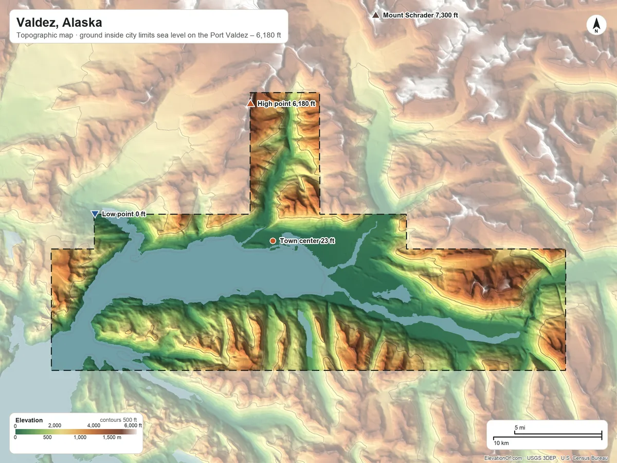 Topographic elevation map of Valdez, Alaska, shaded from sea level level on the Port Valdez to 6,180 ft on the north side