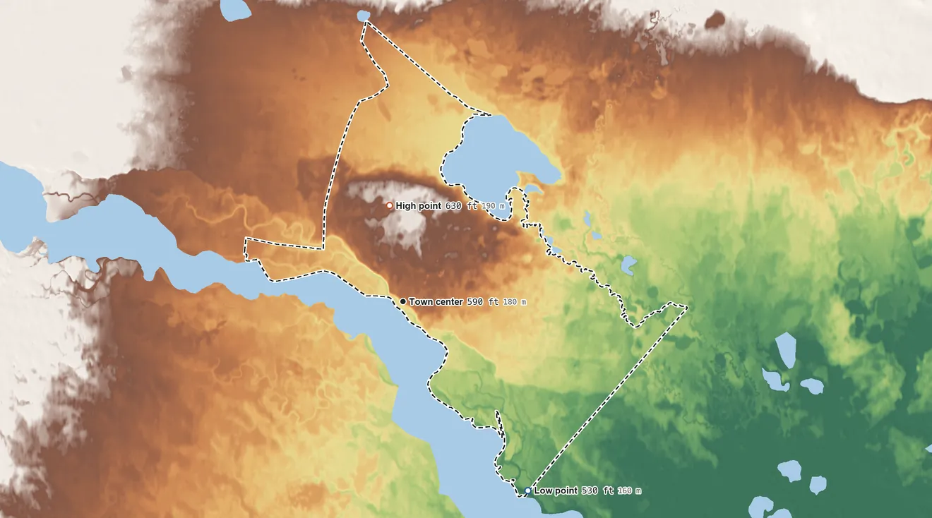 Topographic elevation map of Venetie, Alaska, shaded from 530 ft on the southeast side to 630 ft on the north side