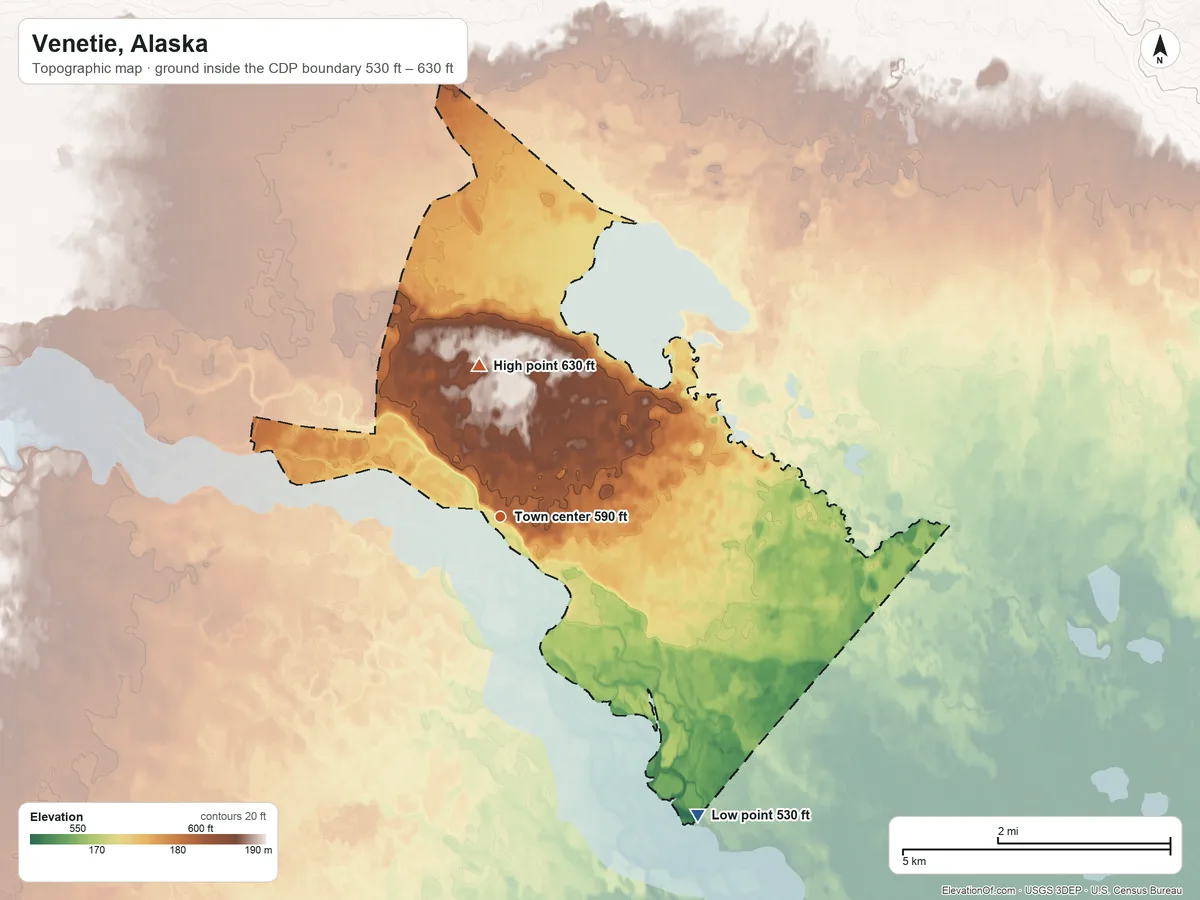 Topographic elevation map of Venetie, Alaska, shaded from 530 ft on the southeast side to 630 ft on the north side
