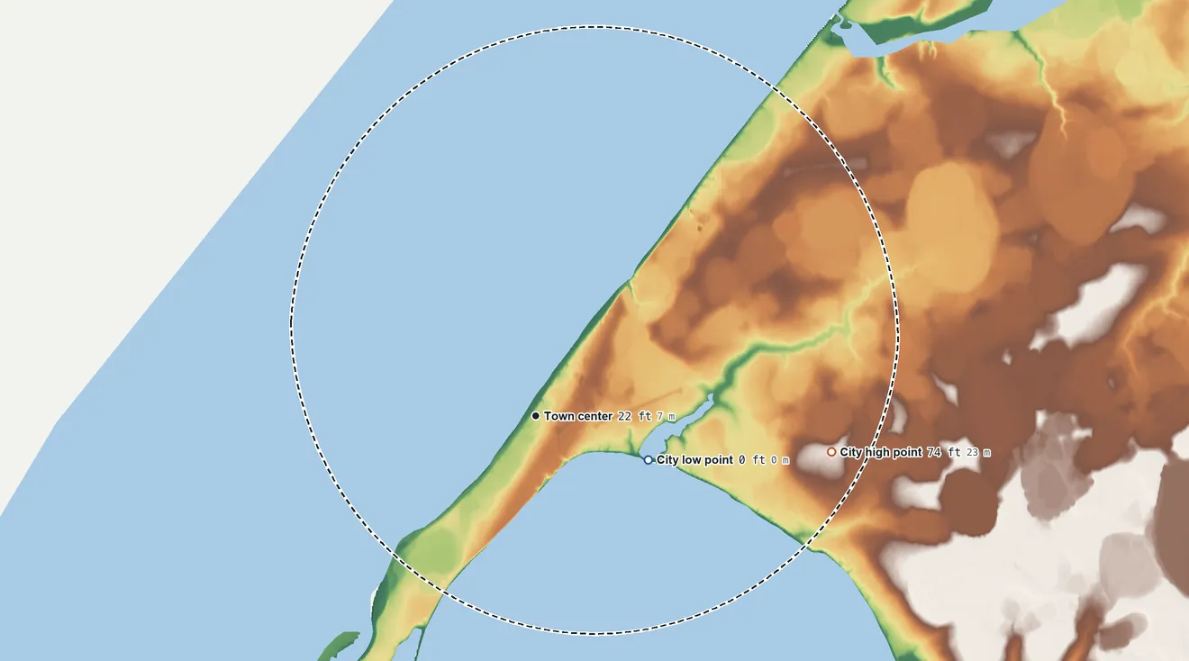 Topographic elevation map of Wainwright, Alaska, shaded from sea level level on Wainwright Inlet to 74 ft on the east side