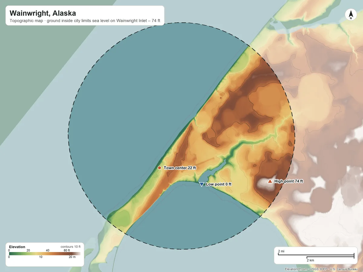 Topographic elevation map of Wainwright, Alaska, shaded from sea level level on Wainwright Inlet to 74 ft on the east side