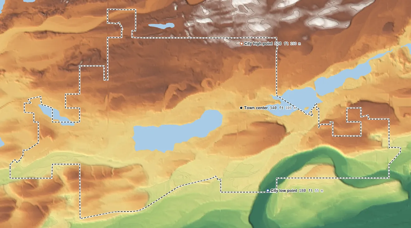 Topographic elevation map of Wasilla, Alaska, shaded from 180 ft on the south side to 520 ft on the north side