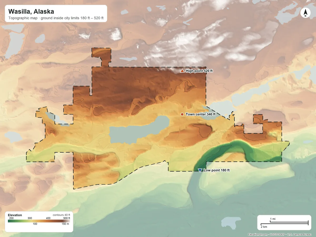 Topographic elevation map of Wasilla, Alaska, shaded from 180 ft on the south side to 520 ft on the north side