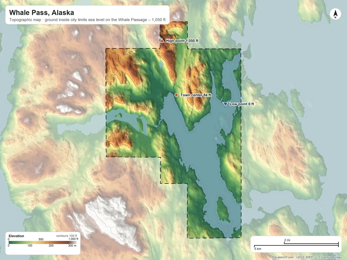Topographic elevation map of Whale Pass, Alaska, shaded from sea level level on the Whale Passage to 1,050 ft on the north side