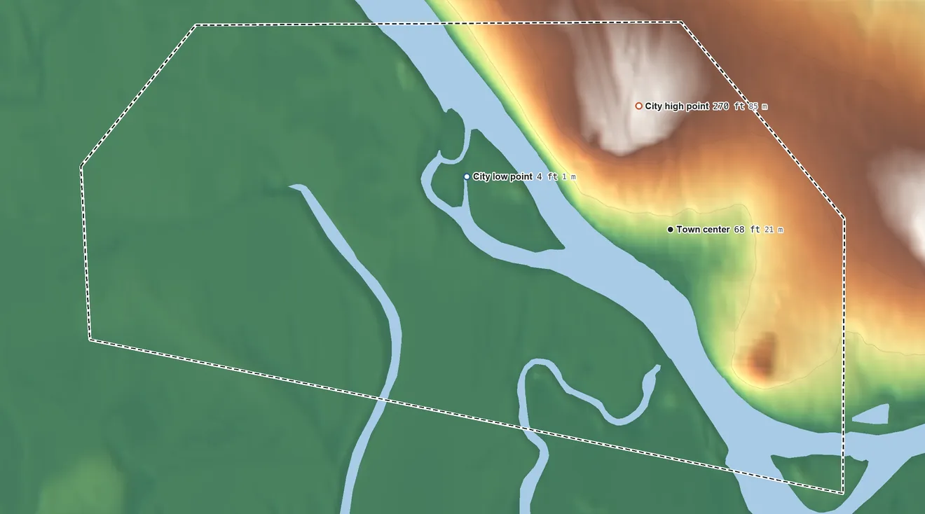 Topographic elevation map of White Mountain, Alaska, shaded from 4 ft on the west side to 270 ft on the north side