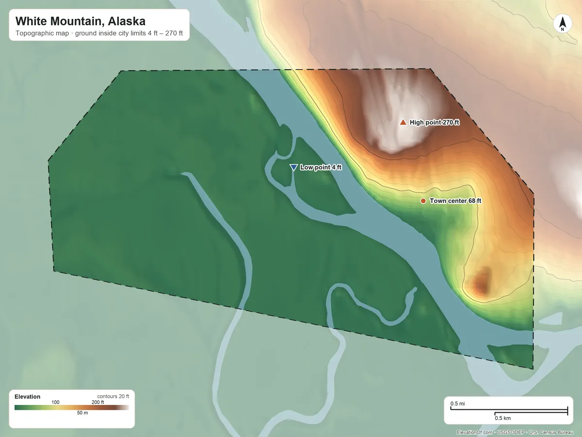 Topographic elevation map of White Mountain, Alaska, shaded from 4 ft on the west side to 270 ft on the north side