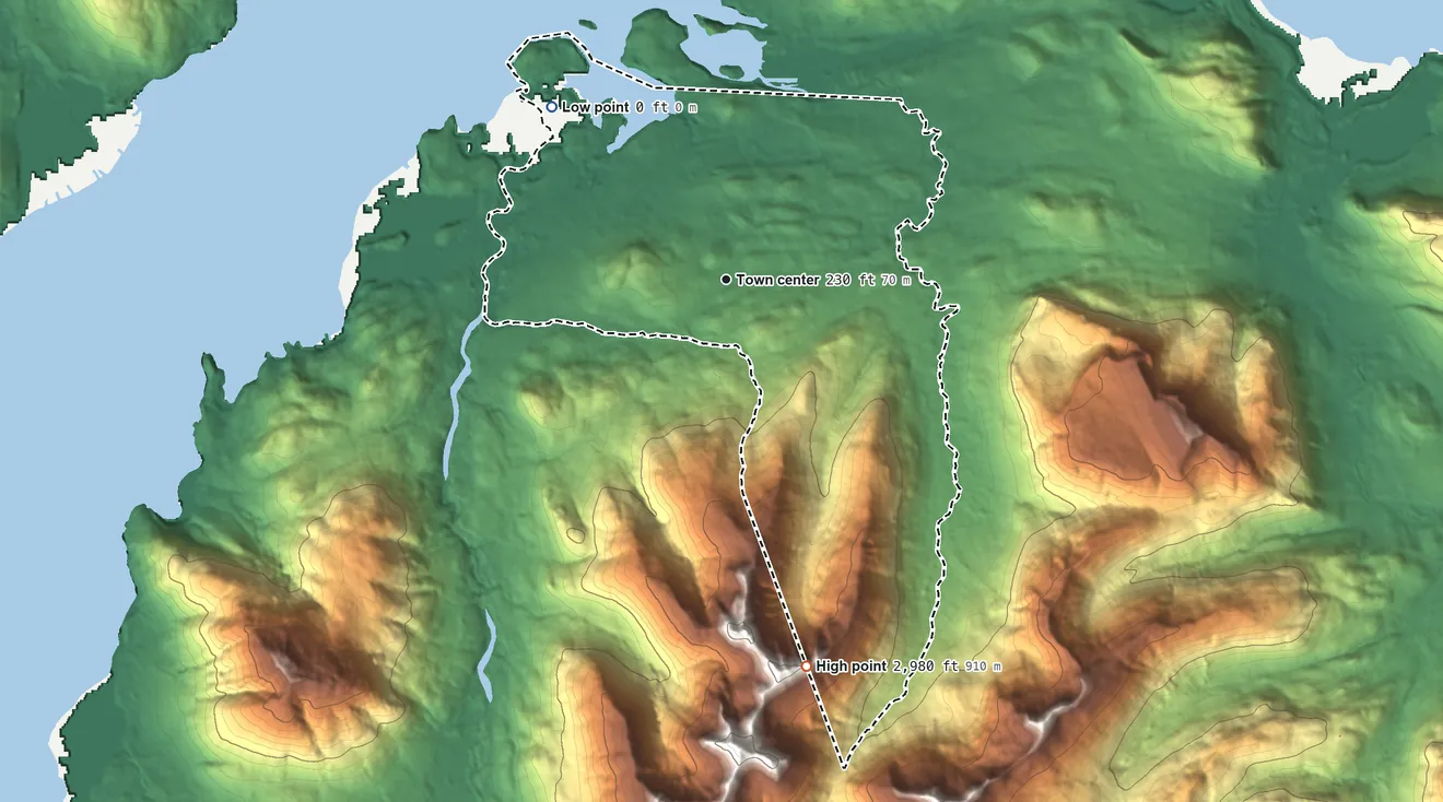 Topographic elevation map of Whitestone Logging Camp, Alaska, shaded from sea level level on the Port Frederick to 2,980 ft on the south edge, below higher ground just outside