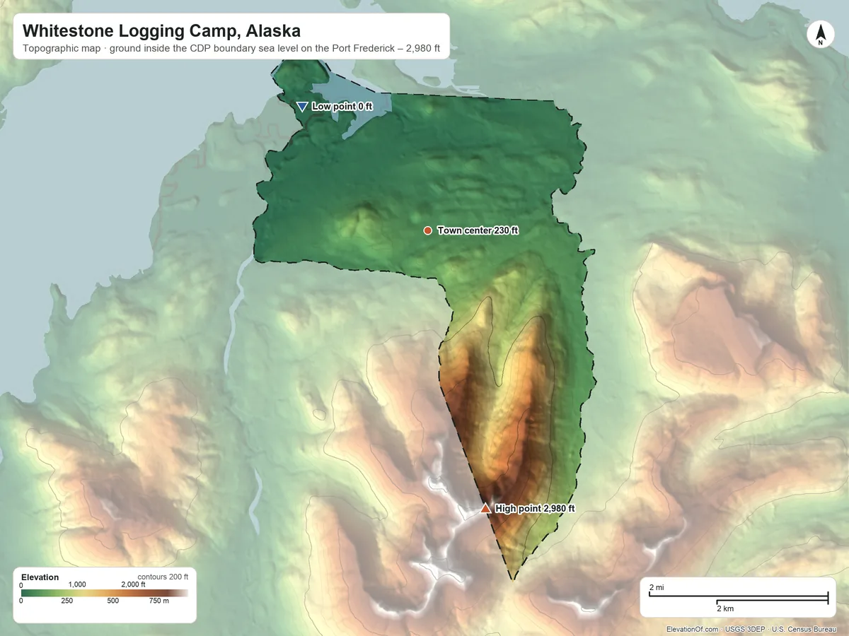 Topographic elevation map of Whitestone Logging Camp, Alaska, shaded from sea level level on the Port Frederick to 2,980 ft on the south edge, below higher ground just outside
