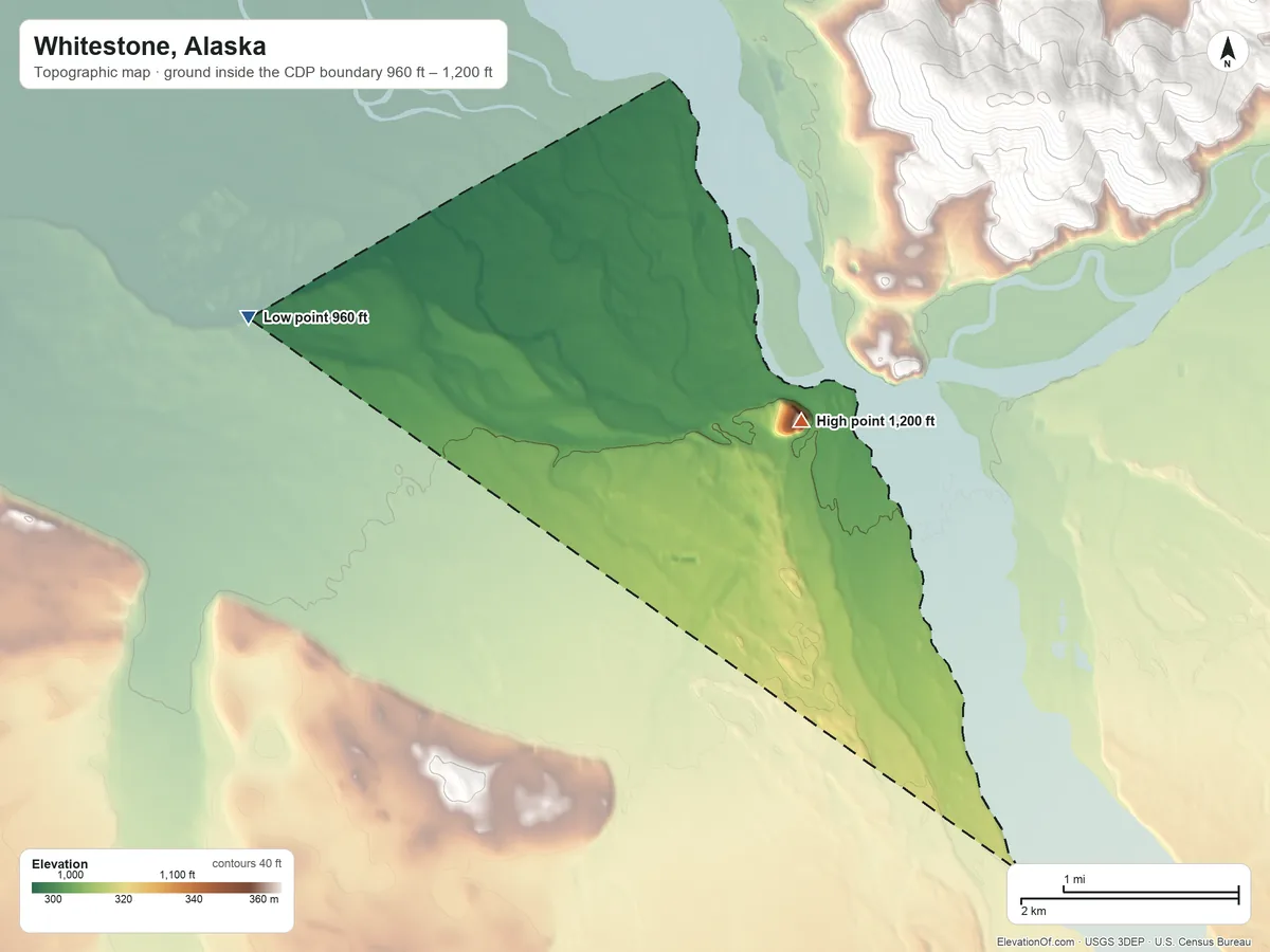 Topographic elevation map of Whitestone, Alaska, shaded from 960 ft on the west side to 1,200 ft on the east edge, below higher ground just outside