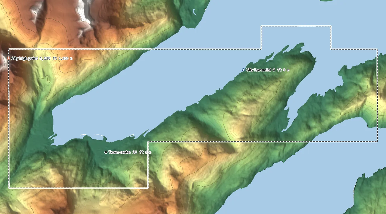 Topographic elevation map of Whittier, Alaska, shaded from sea level level on Passage Canal to 4,130 ft on Maynard Mountain