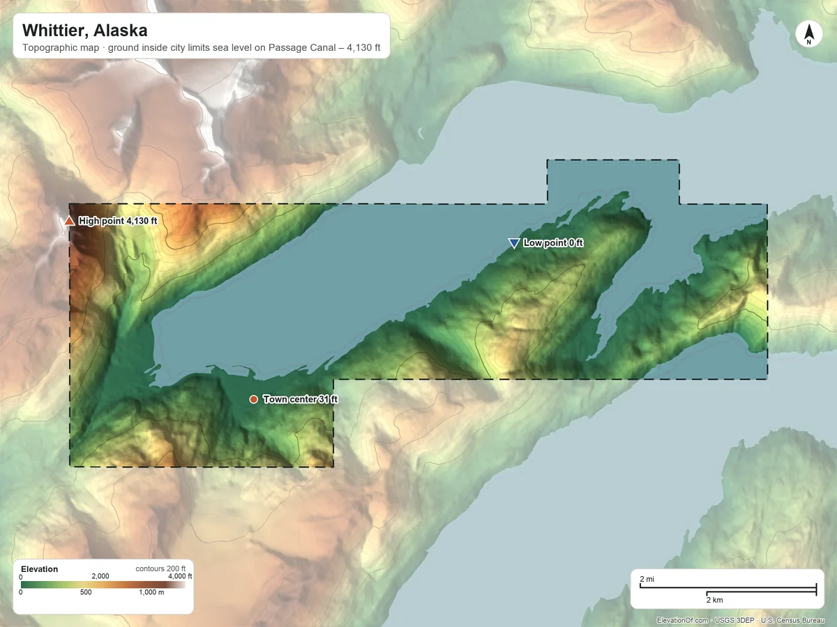 Topographic elevation map of Whittier, Alaska, shaded from sea level level on Passage Canal to 4,130 ft on Maynard Mountain