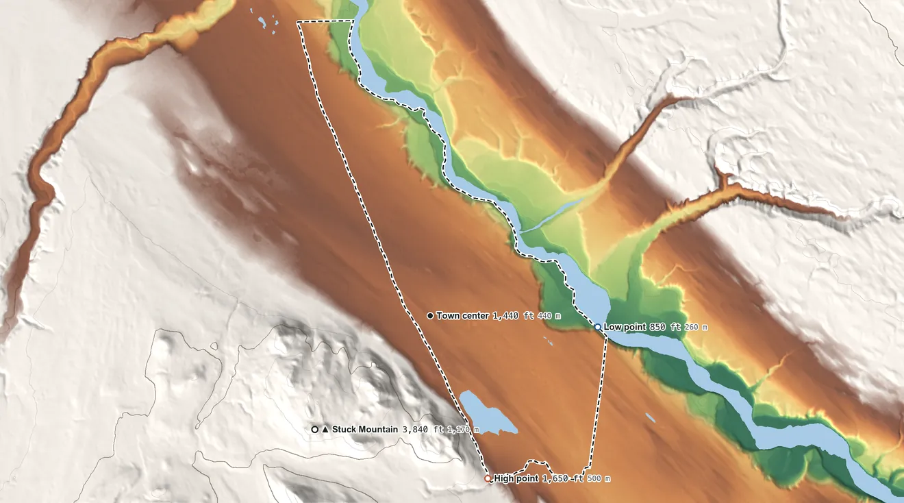 Topographic elevation map of Willow Creek, Alaska, shaded from 850 ft on the east side to 1,650 ft on the south edge, below higher ground just outside