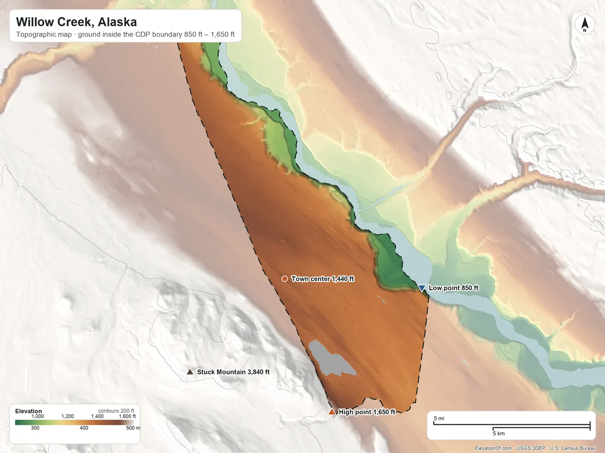 Topographic elevation map of Willow Creek, Alaska, shaded from 850 ft on the east side to 1,650 ft on the south edge, below higher ground just outside