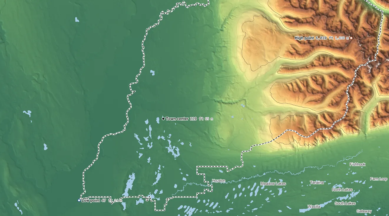 Topographic elevation map of Willow, Alaska, shaded from 47 ft on the southwest side to 6,010 ft on the northeast side