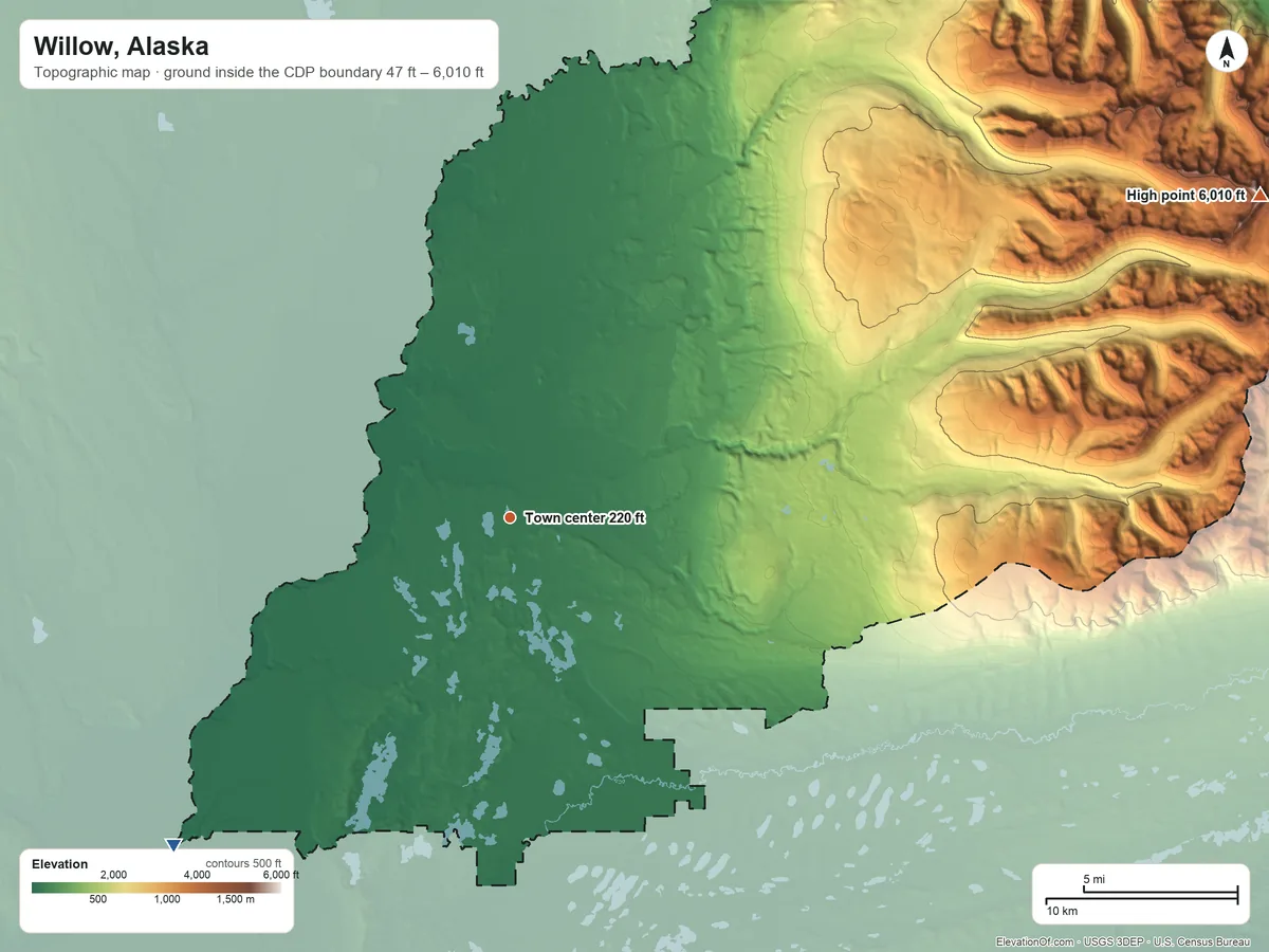 Topographic elevation map of Willow, Alaska, shaded from 47 ft on the southwest side to 6,010 ft on the northeast side