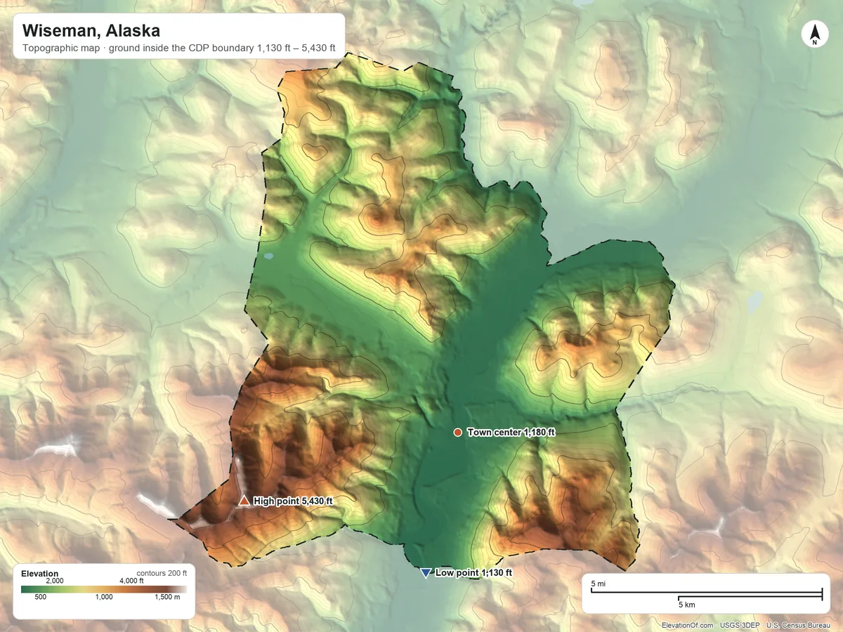 Topographic elevation map of Wiseman, Alaska, shaded from 1,130 ft on the south side to 5,430 ft on the west side