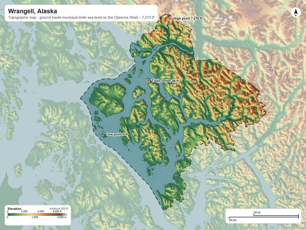 Topographic elevation map of Wrangell, Alaska, shaded from sea level level on the Clarence Strait to 7,270 ft on Castle Mountain