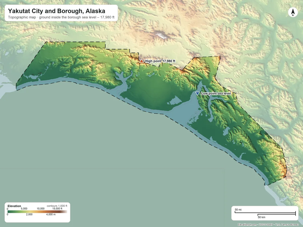 Topographic elevation map of Yakutat City and Borough, Alaska, shaded from sea level on Disenchantment Bay to 17,980 ft on Mount Saint Elias