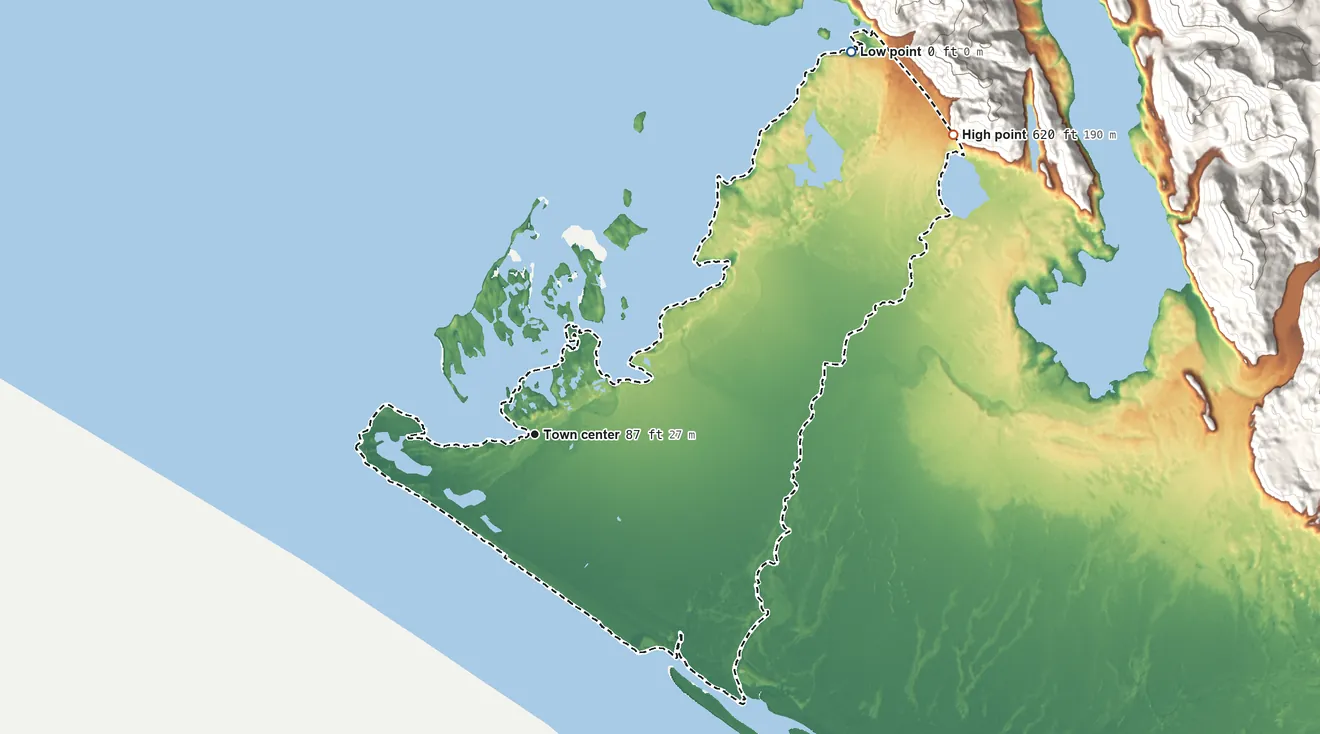 Topographic elevation map of Yakutat, Alaska, shaded from sea level level on Eleanor Cove to 620 ft on the northeast edge, below higher ground just outside