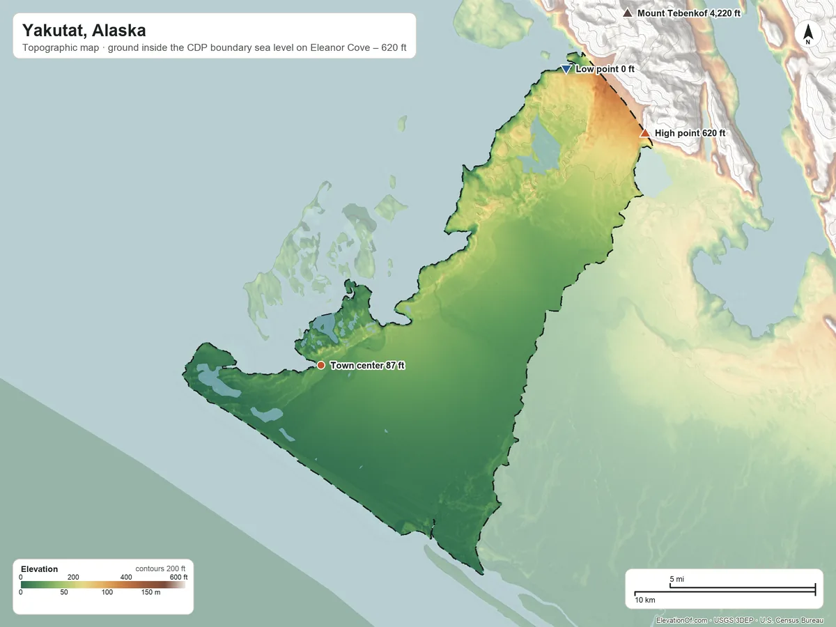 Topographic elevation map of Yakutat, Alaska, shaded from sea level level on Eleanor Cove to 620 ft on the northeast edge, below higher ground just outside