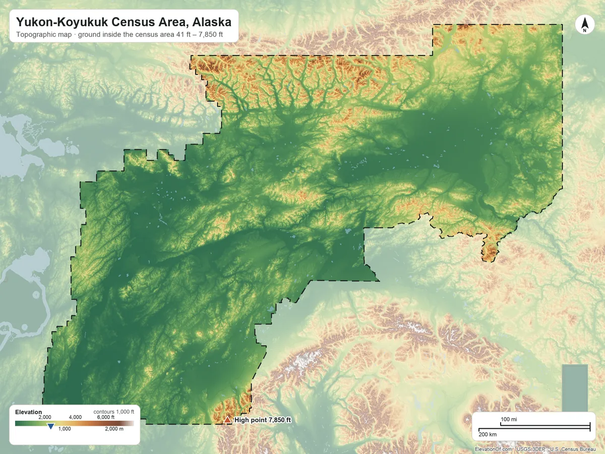 Topographic elevation map of Yukon-Koyukuk Census Area, Alaska, shaded from 41 ft on the southwest side to 7,850 ft on the southwest side