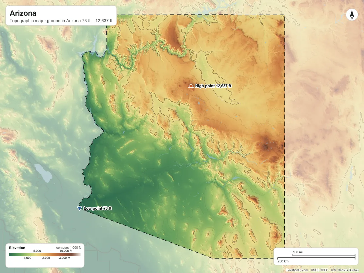 Topographic elevation map of Arizona, shaded from 73 ft on the southwest side to 12,637 ft on Humphreys Peak