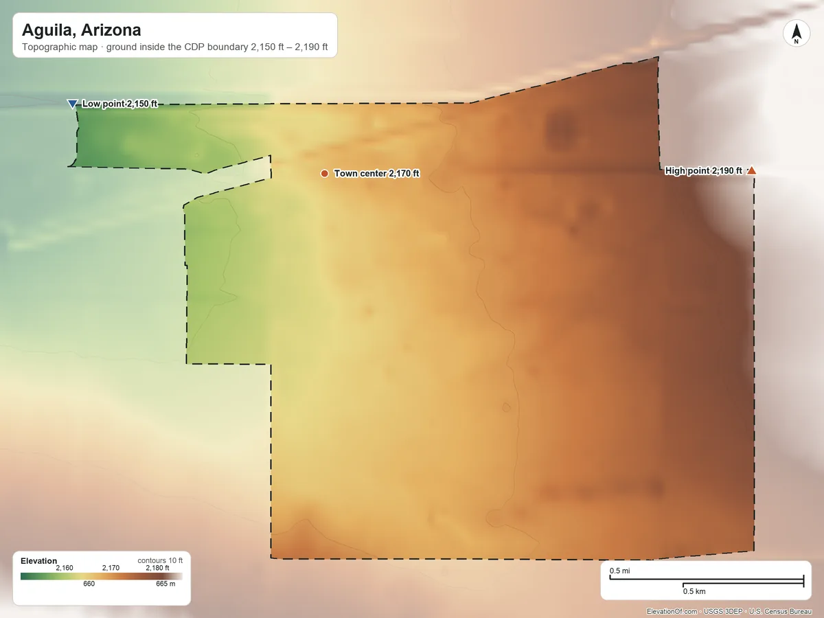 Topographic elevation map of Aguila, Arizona, shaded from 2,150 ft on the west side to 2,190 ft on the east side
