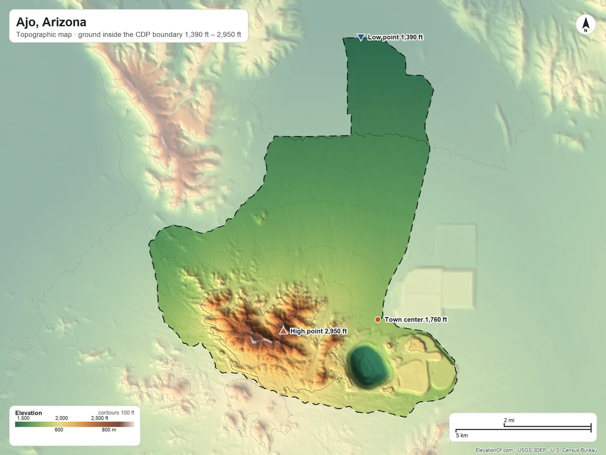 Topographic elevation map of Ajo, Arizona, shaded from 1,390 ft on the north side to 2,950 ft on the west side